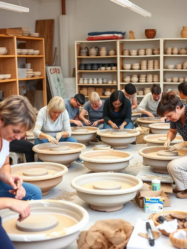 An image of participants creating art during a pottery class, highlighting creativity and artistic expression.