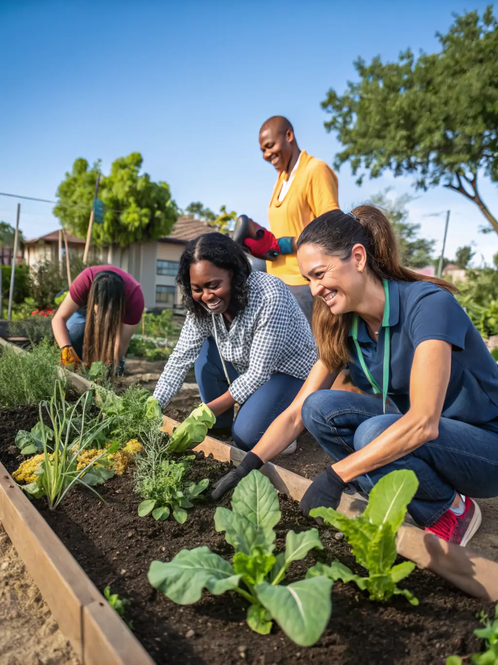 A group of diverse community members laughing and working together on a community garden project, symbolizing collaboration and shared goals within CultureSportHub.
