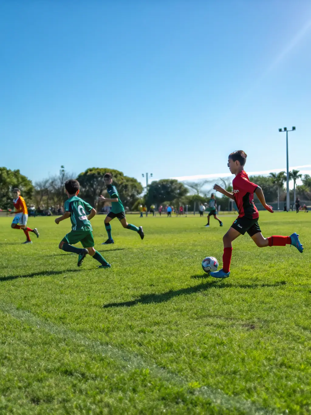 A vibrant image of children participating in a summer sports camp, showcasing teamwork and fun.
