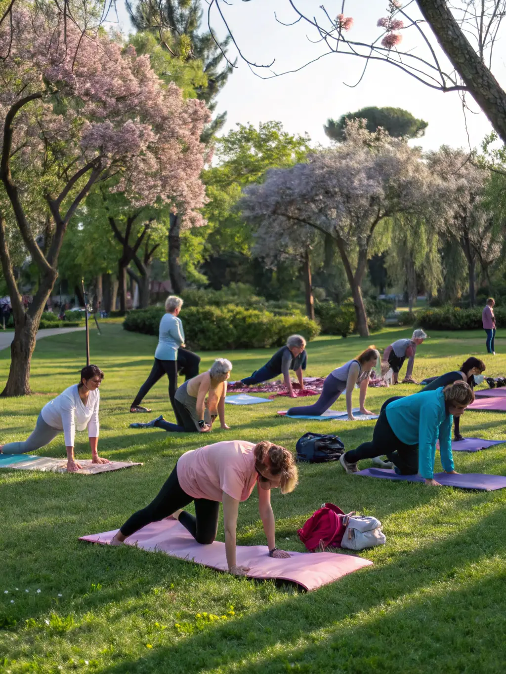 A picture of a group participating in a community yoga session in a park, promoting wellness and relaxation.